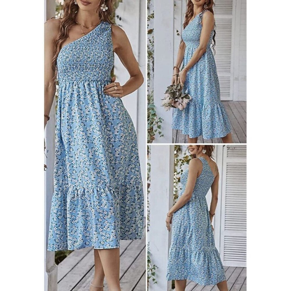 Womens Boho Dress One Shoulder Floral Maxi Dress Elegant Cocktail Party - Picture 3 of 6